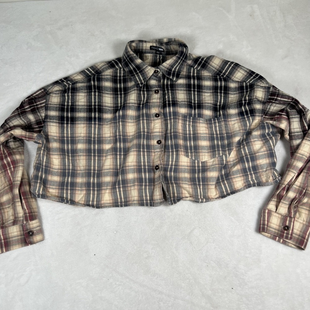 Fashion Nova Shirt Womens Large Plaid Cropped Flannel Button Up Long Sleeve
